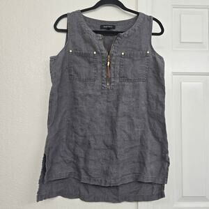 Ellen Tracy 100%Linen Sleeveless Top XL Gray 1/4 Zip Classic Normcore Minimalist